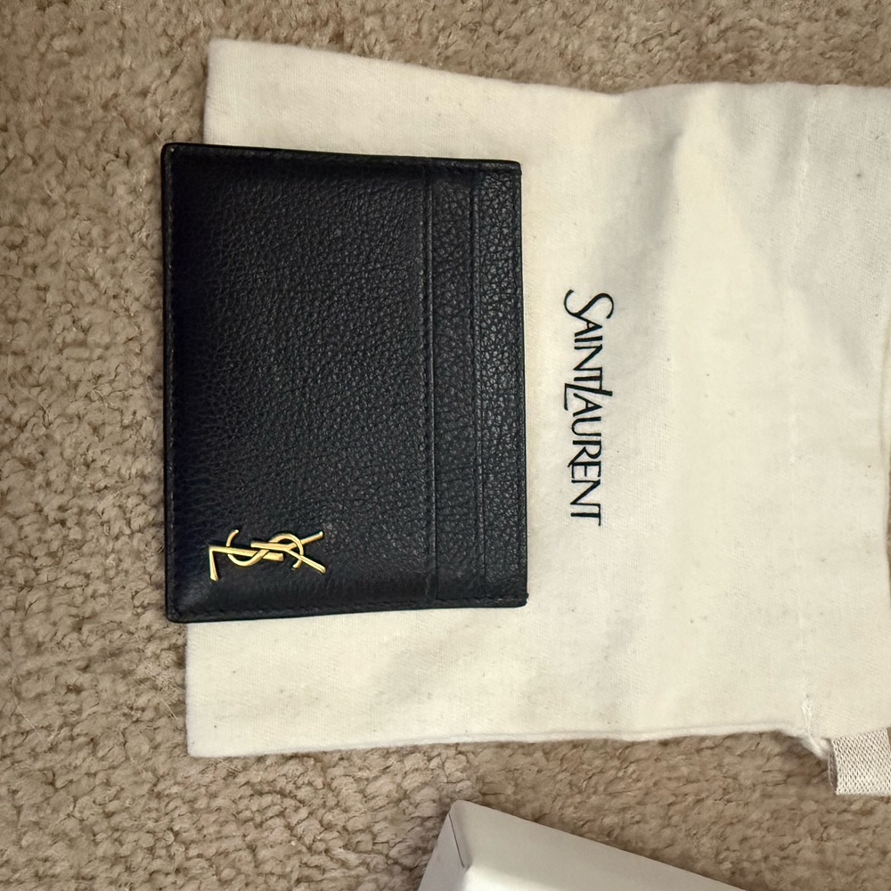 Saint Laurent Black Pebbled Leather Card Holder with Gold YSL Full Set - Picture 2 of 4